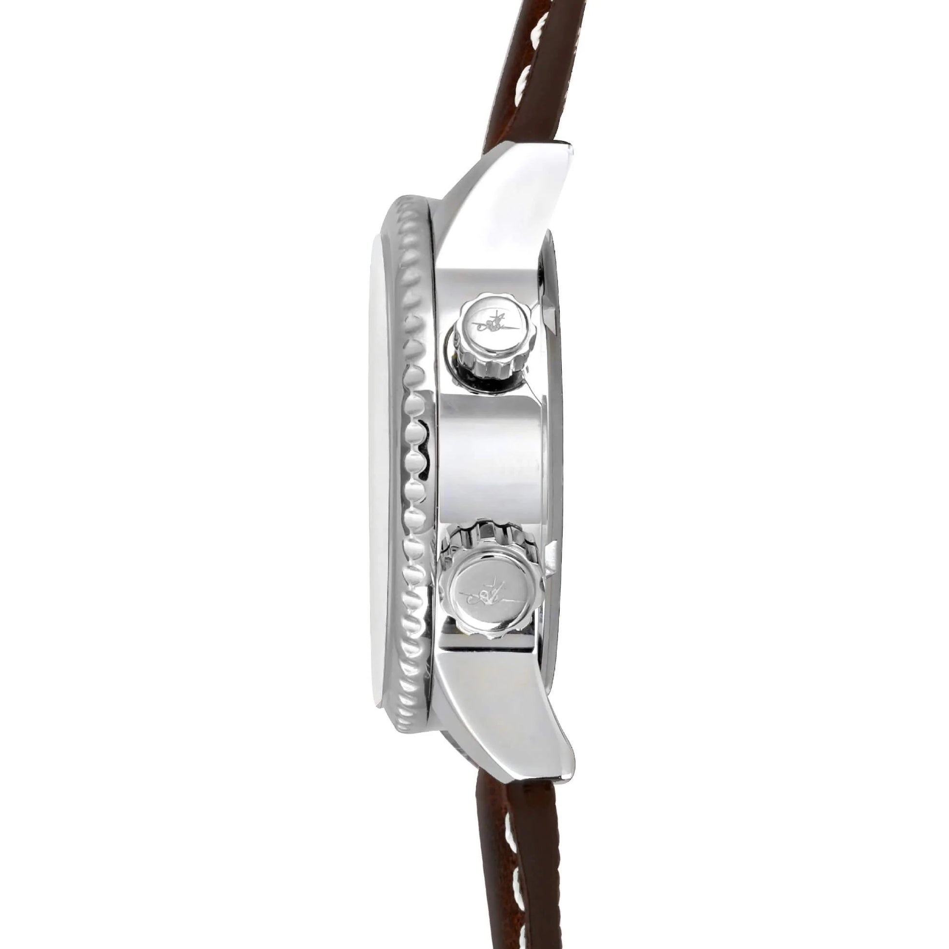 Side View of WASP Silver Limited Edition GMT Watch with Polished Stainless Steel Case, Dual Crowns, and Fluted Bezel