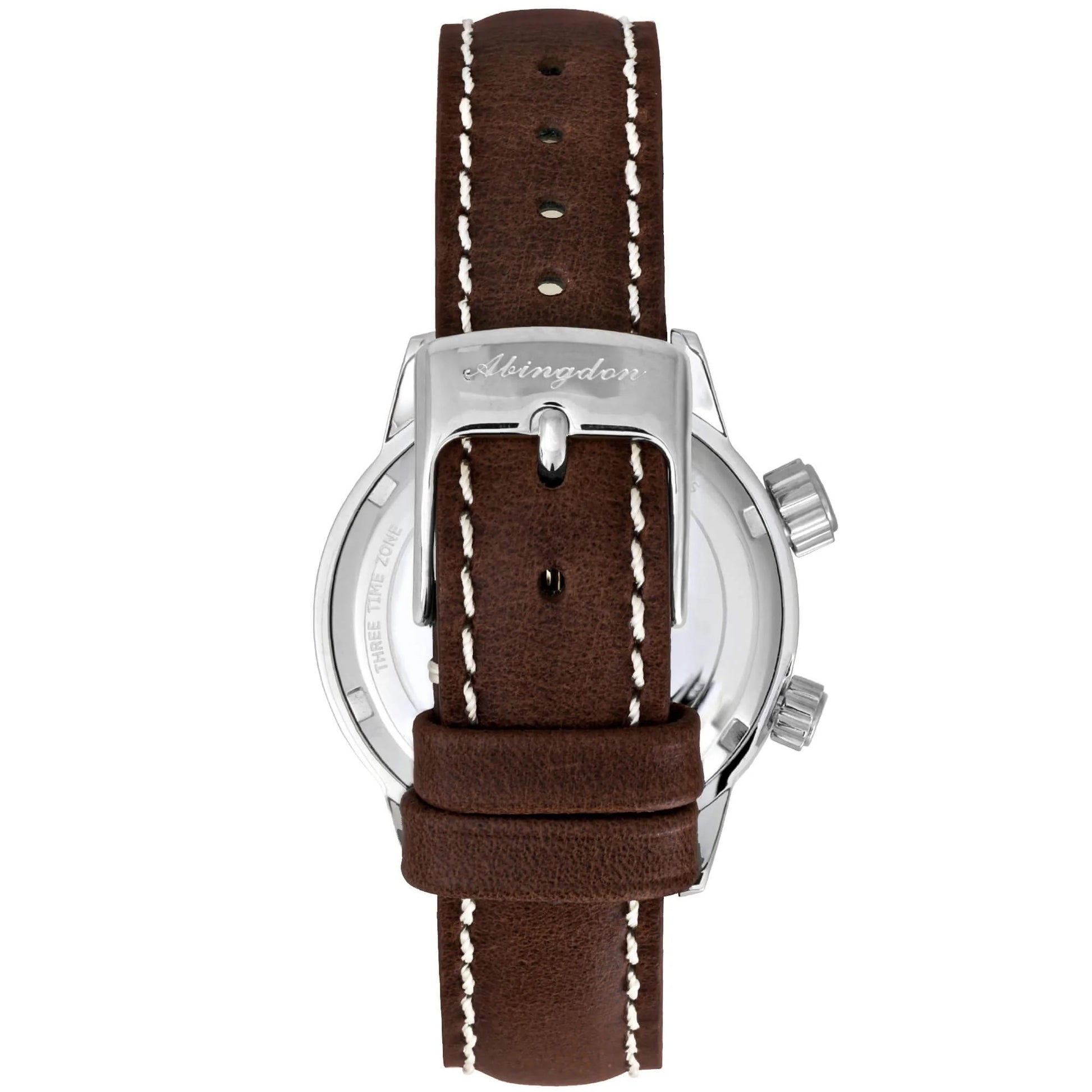 Back View of WASP Silver Limited Edition GMT Watch Featuring Dark Brown Leather Strap and Polished Stainless Steel Abingdon Buckle