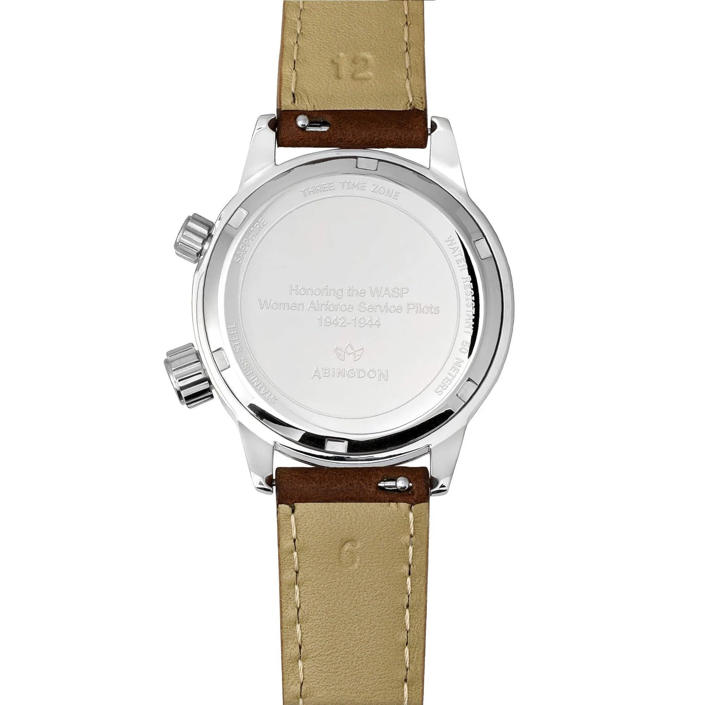 Caseback of WASP Silver Limited Edition GMT Watch with Engraving Honoring Women Airforce Service Pilots 1942–1944