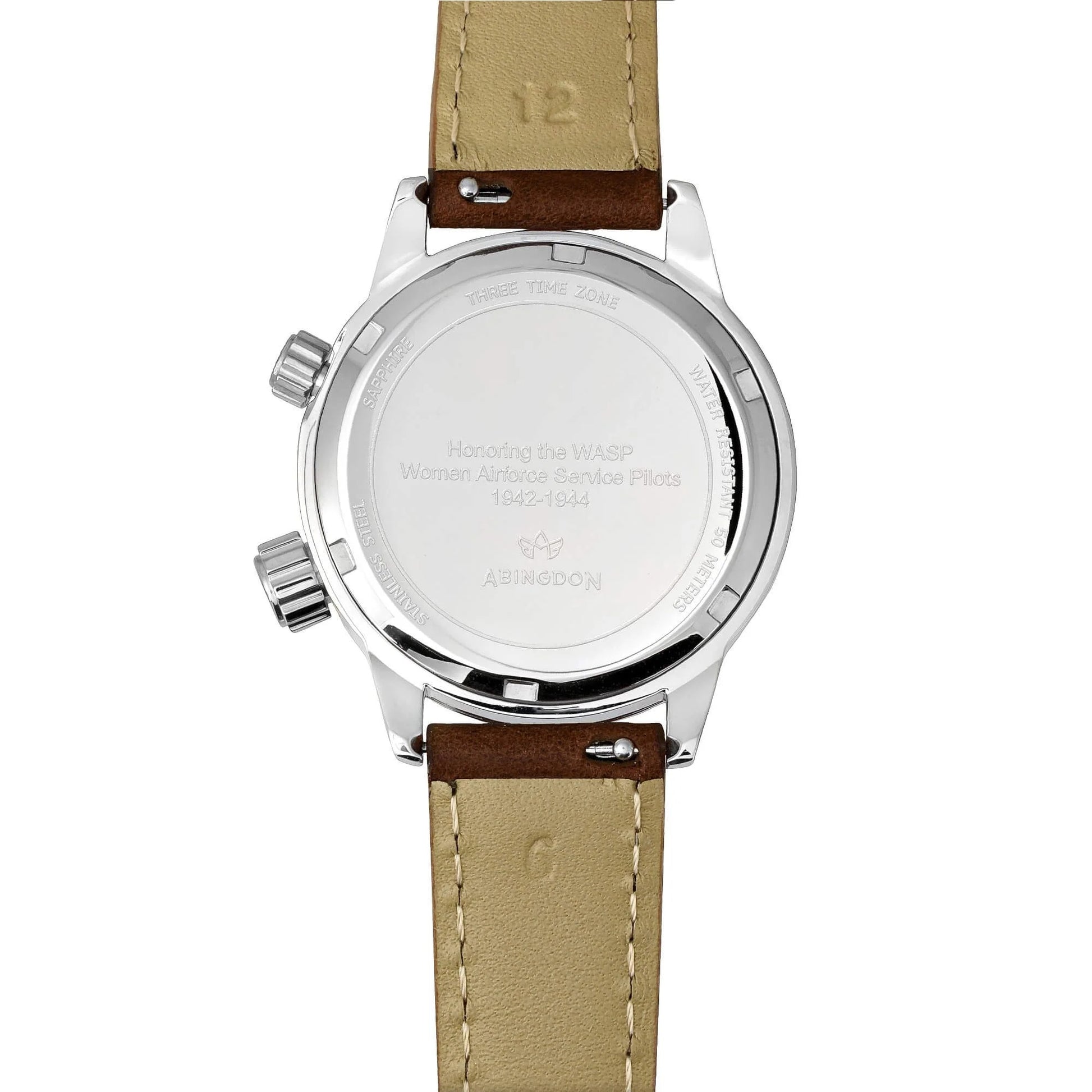 Caseback of WASP Silver Limited Edition GMT Watch with Engraving Honoring Women Airforce Service Pilots 1942–1944