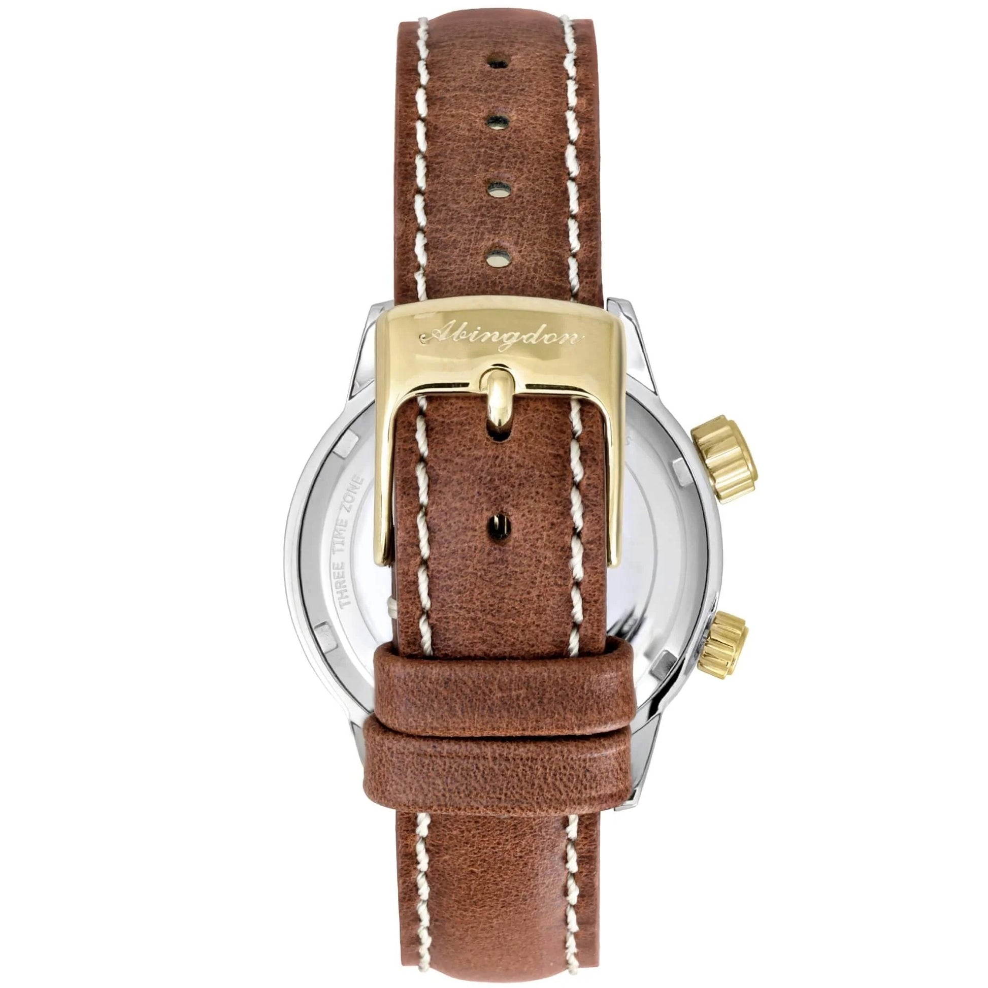 Back View of WASP Two-Tone Limited Edition GMT Watch Featuring Chestnut Leather Strap and Gold Abingdon Engraved Buckle