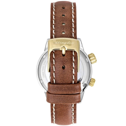 Back View of WASP Two-Tone Limited Edition GMT Watch Featuring Chestnut Leather Strap and Gold Abingdon Engraved Buckle