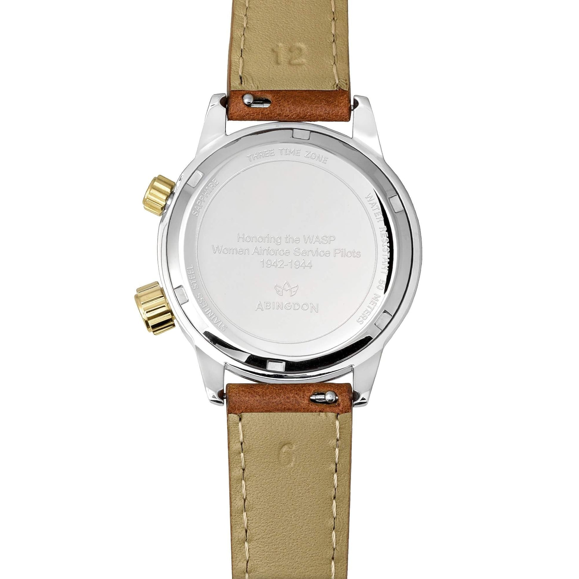 Caseback of WASP Two-Tone Limited Edition GMT Watch with Engraving Honoring Women Airforce Service Pilots 1942–1944