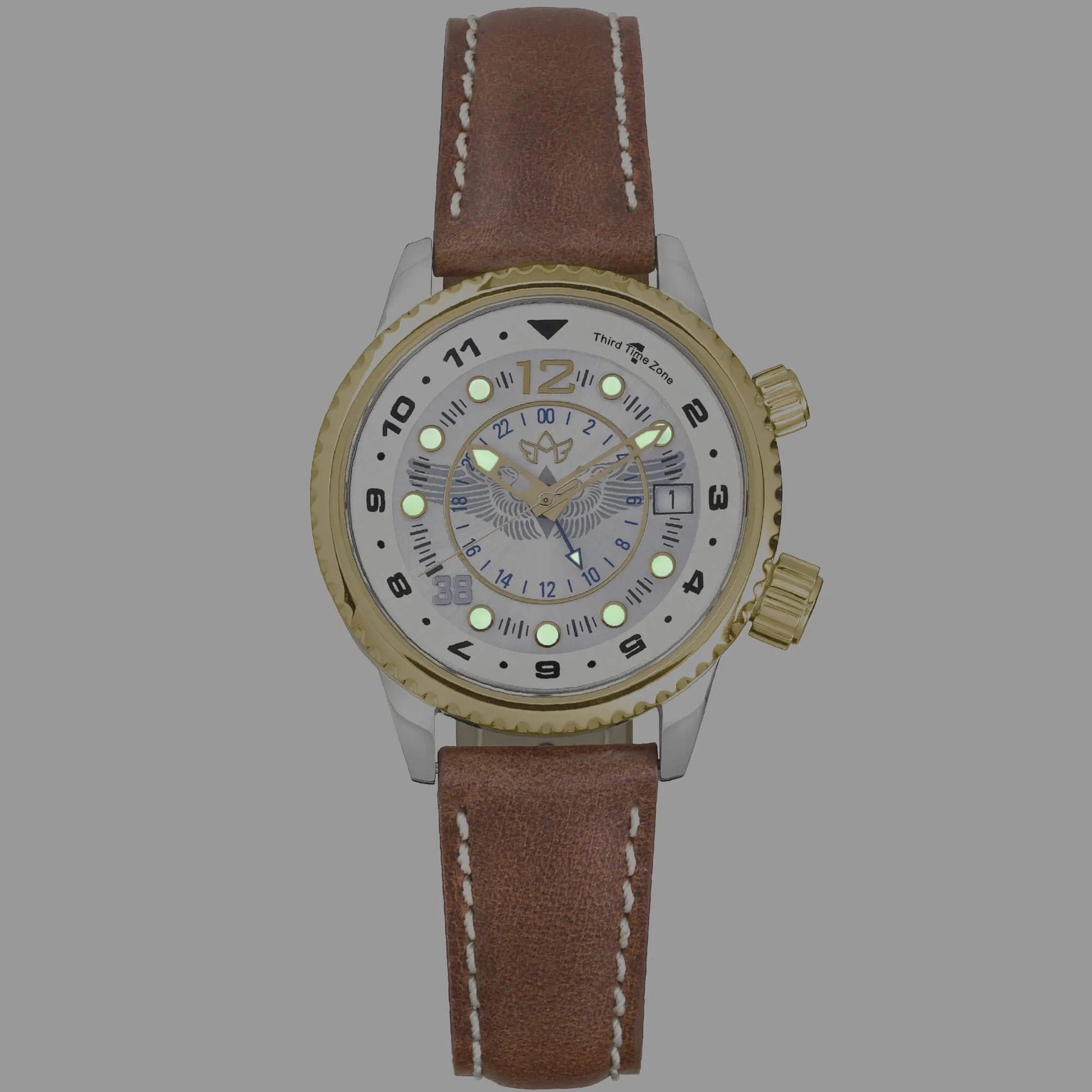 WASP Two-Tone Limited Edition GMT Watch with Glowing Super‑Luminova Hands and Markers on Mother-of-Pearl Dial in Low Light