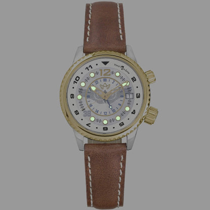 WASP Two-Tone Limited Edition GMT Watch with Glowing Super‑Luminova Hands and Markers on Mother-of-Pearl Dial in Low Light