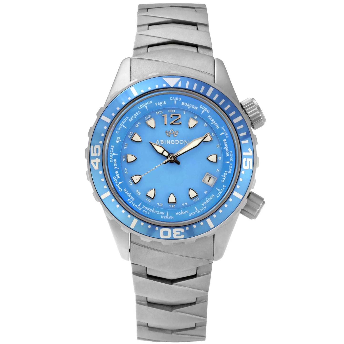 Marina Women's Dive Watch with Bahama Blue Luminous Dial, Sandblasted Titanium Case and Bracelet, World Timer Bezel, and 660ft Water Resistance