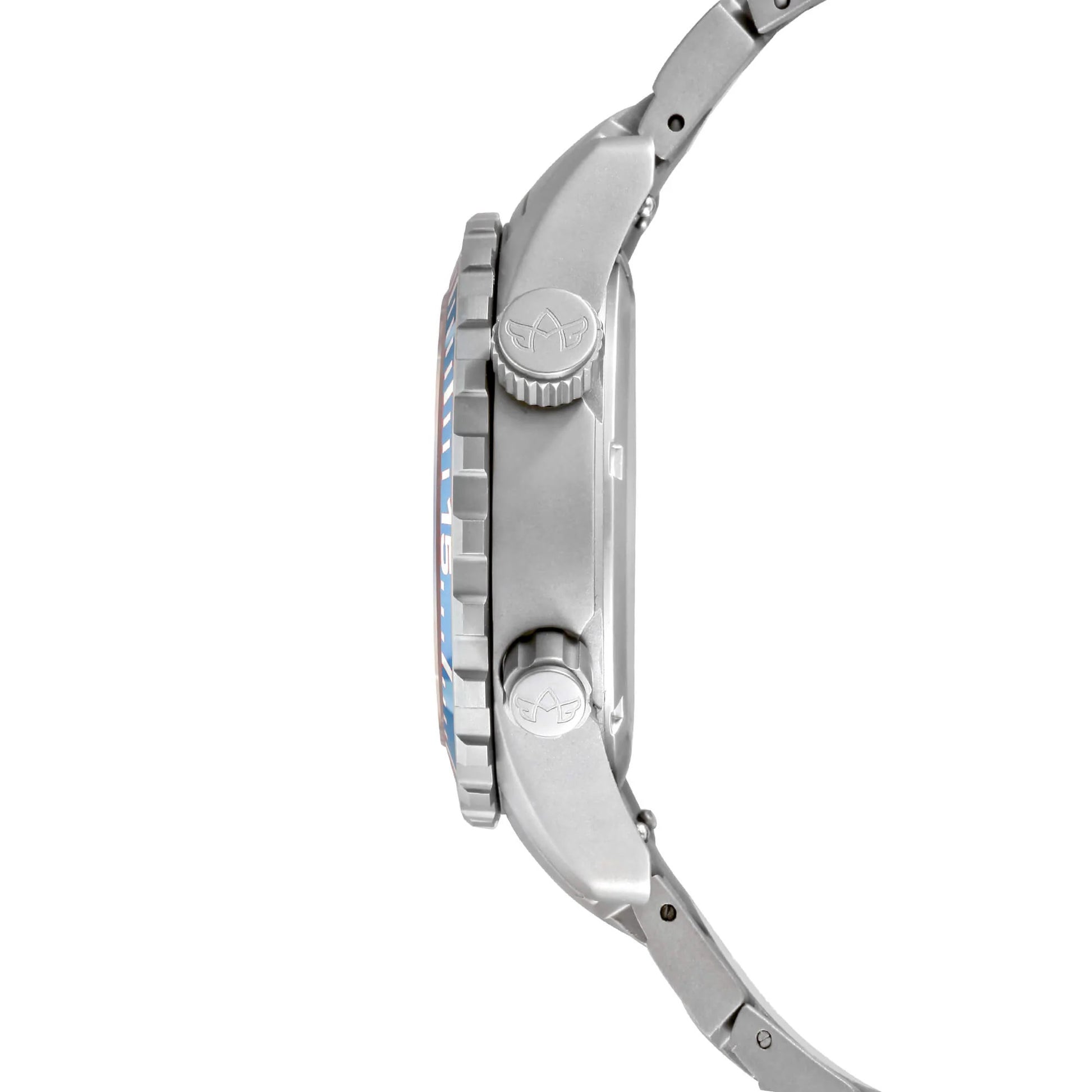 Side Profile of Marina Women's Dive Watch in Bahama Blue Showing Dual Crowns and Titanium Case Design