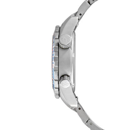 Side Profile of Marina Women's Dive Watch in Bahama Blue Showing Dual Crowns and Titanium Case Design