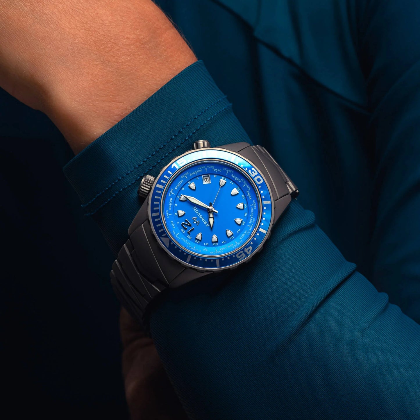 Marina Women's Dive Watch in Bahama Blue with Titanium Bracelet, Shown on Wrist for Fit and Style Demonstration