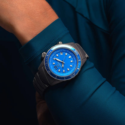 Marina Women's Dive Watch in Bahama Blue with Titanium Bracelet, Shown on Wrist for Fit and Style Demonstration