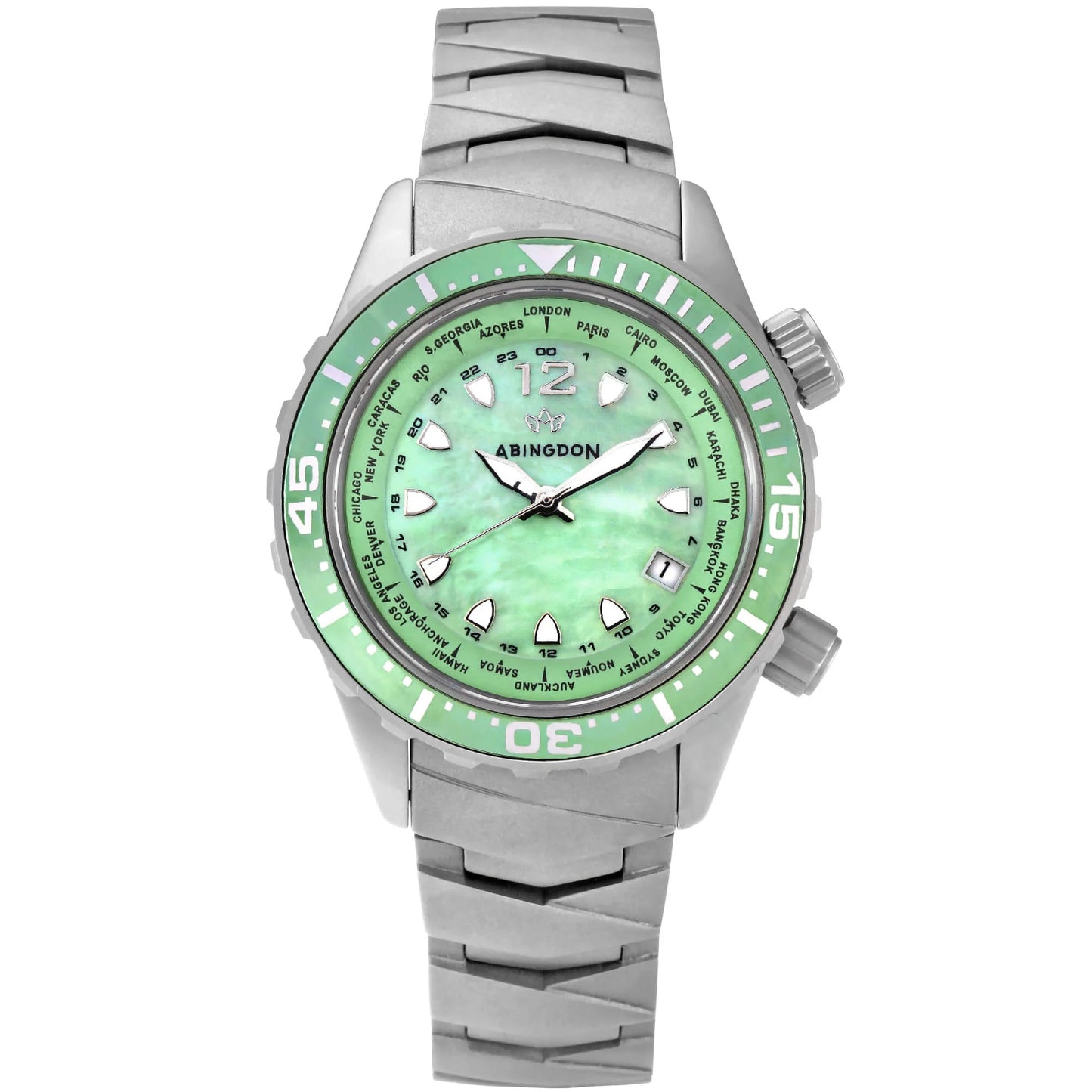 Marina Women's Dive Watch with Caribbean Green Mother-of-Pearl Dial, Sandblasted Titanium Case and Bracelet, 660ft Water Resistance, and World Timer Bezel