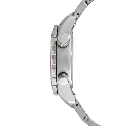 Side View of Marina Women's Dive Watch in Caribbean Green Featuring Sandblasted Titanium Case and Dual Gasket Crowns