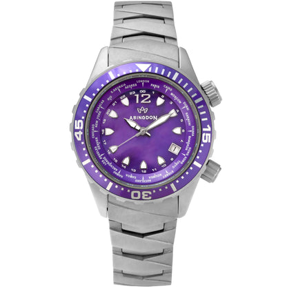 Marina Women's Dive Watch with Pacific Purple Mother-of-Pearl Dial, Sandblasted Titanium Case and Bracelet, 660ft Water Resistance, and World Timer Bezel