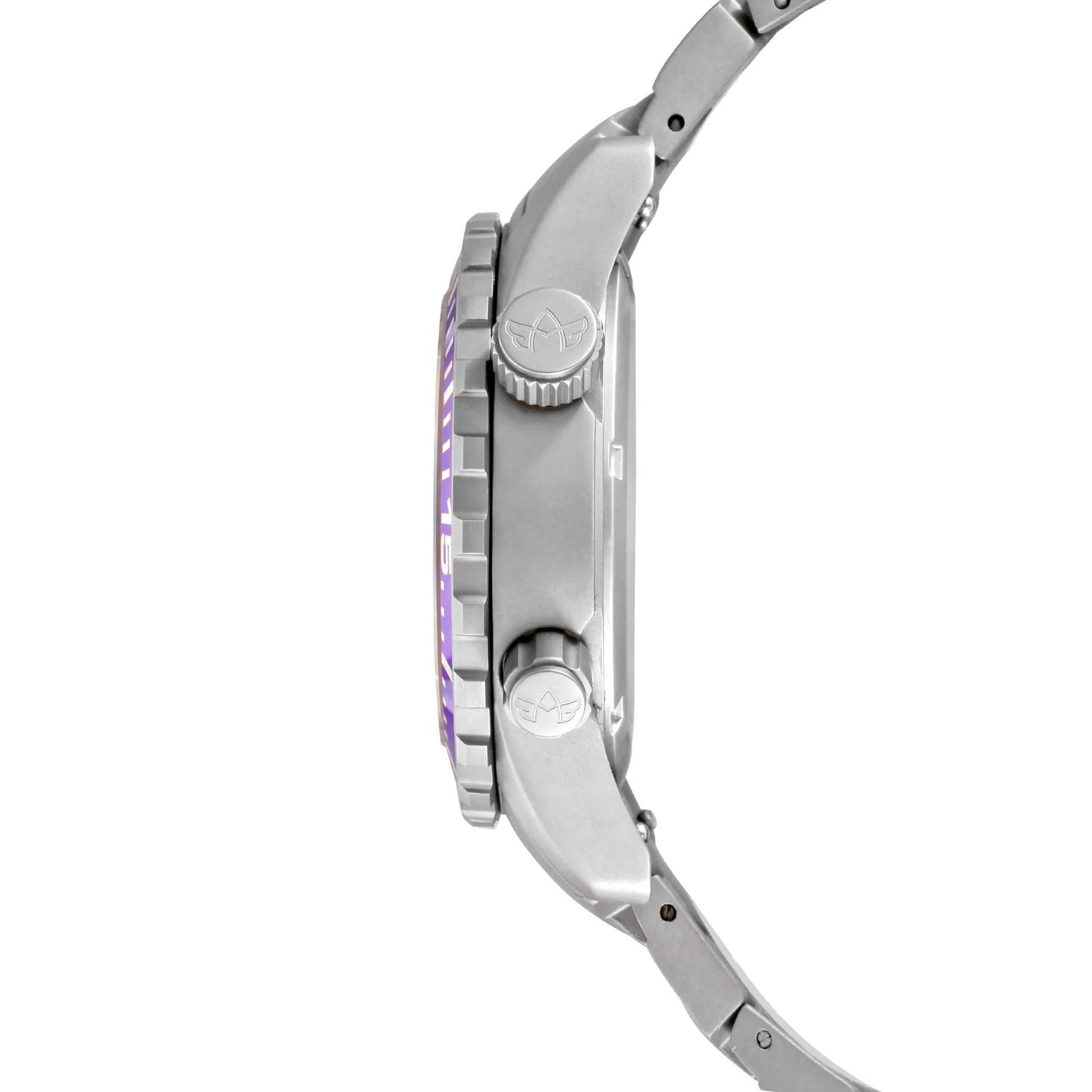 Side Profile of Marina Women's Dive Watch in Pacific Purple Featuring Titanium Case, Dual Crowns, and Unidirectional Bezel