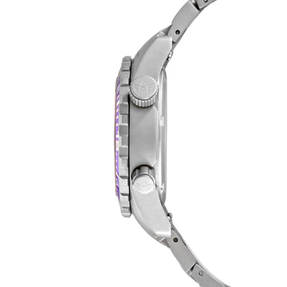Side Profile of Marina Women's Dive Watch in Pacific Purple Featuring Titanium Case, Dual Crowns, and Unidirectional Bezel