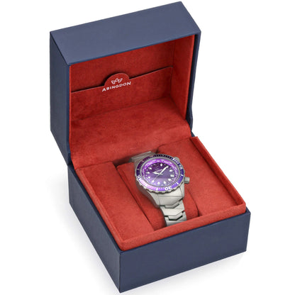 Marina Women's Dive Watch with Pacific Purple Dial in Abingdon Presentation Box – Titanium Bracelet and Gift Packaging Displayed
