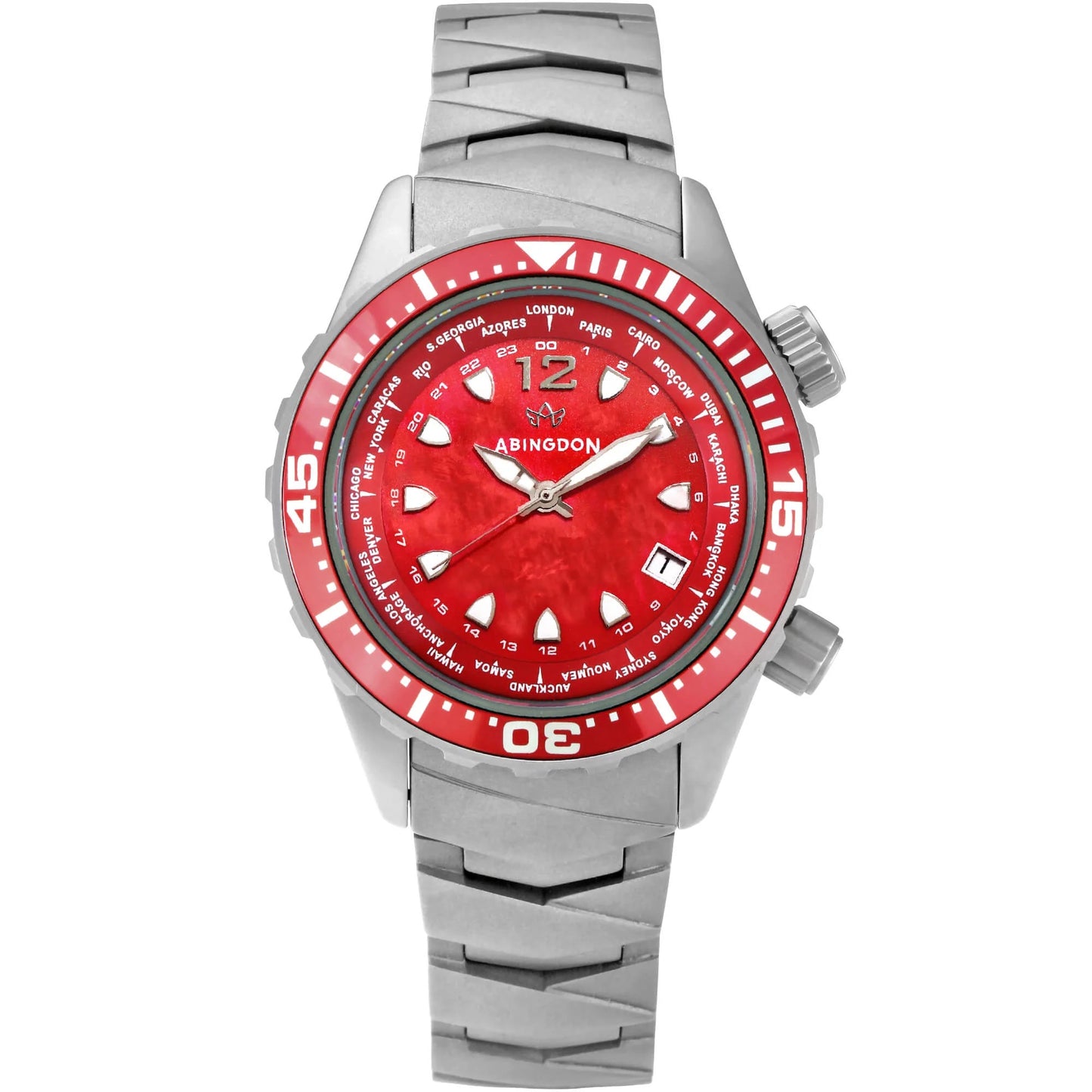 Marina Women's Dive Watch with Reef Red Mother-of-Pearl Dial, Sandblasted Titanium Case and Bracelet, 660ft Water Resistance, and World Timer Bezel