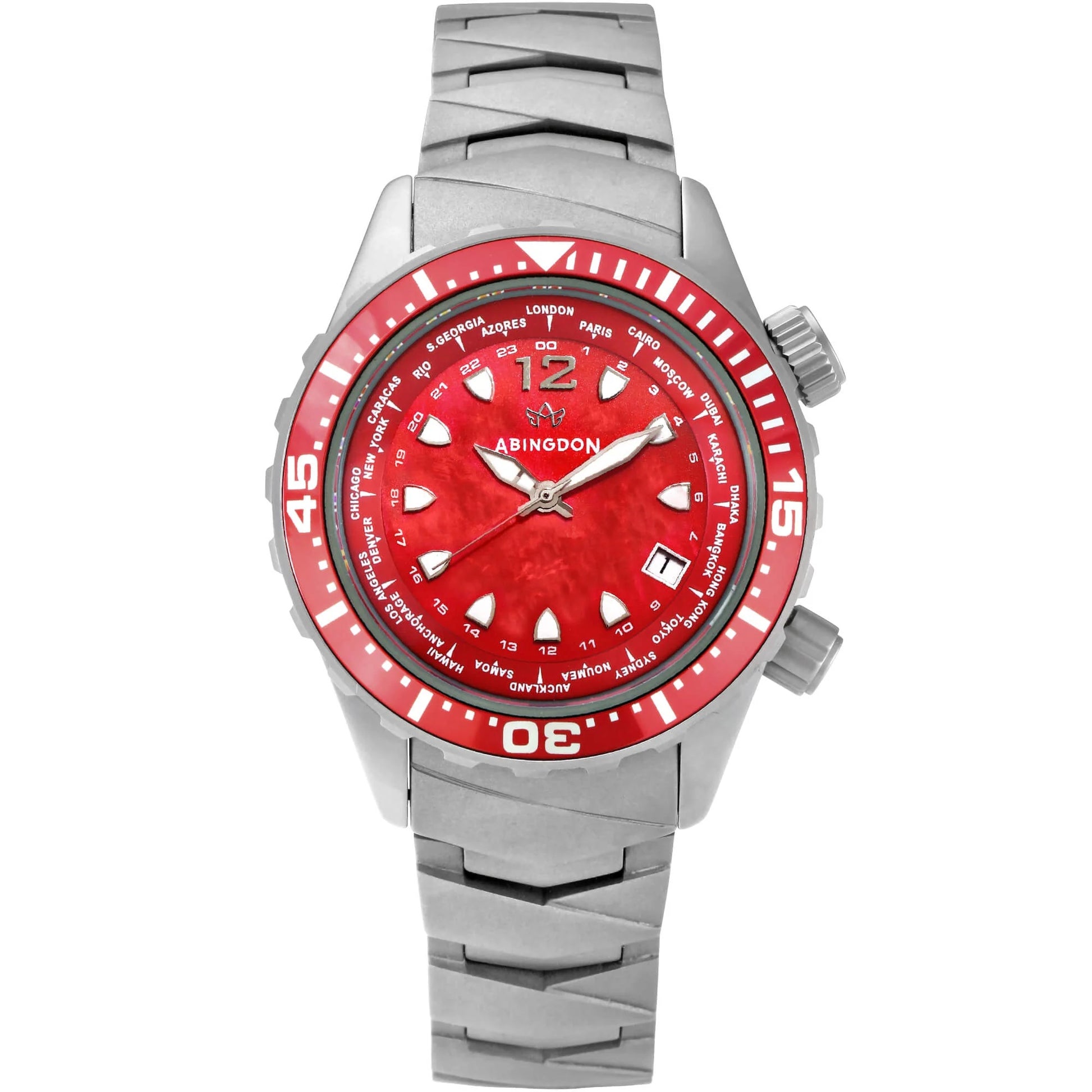 Marina Women's Dive Watch with Reef Red Mother-of-Pearl Dial, Sandblasted Titanium Case and Bracelet, 660ft Water Resistance, and World Timer Bezel