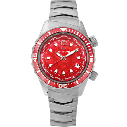 Marina Women's Dive Watch with Reef Red Mother-of-Pearl Dial, Sandblasted Titanium Case and Bracelet, 660ft Water Resistance, and World Timer Bezel