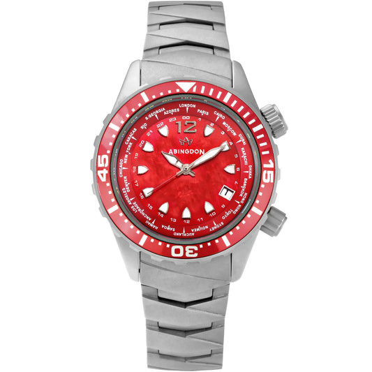 Marina Women's Dive Watch with Reef Red Mother-of-Pearl Dial, Sandblasted Titanium Case and Bracelet, 660ft Water Resistance, and World Timer Bezel