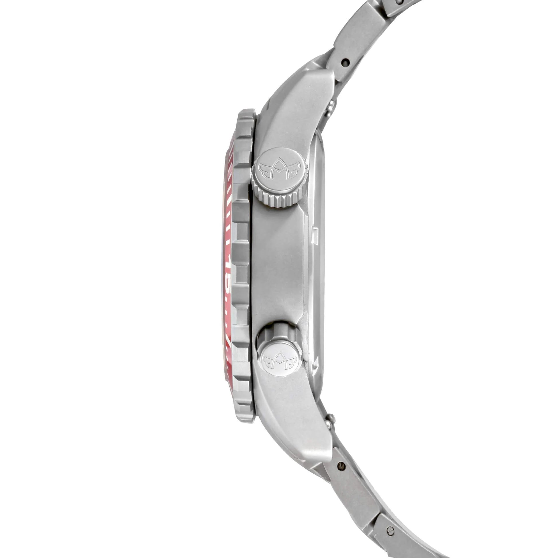 Side Profile of Marina Women's Dive Watch Showing Sandblasted Titanium Case, Dual Crowns, and Red Unidirectional Bezel