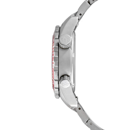 Side Profile of Marina Women's Dive Watch Showing Sandblasted Titanium Case, Dual Crowns, and Red Unidirectional Bezel