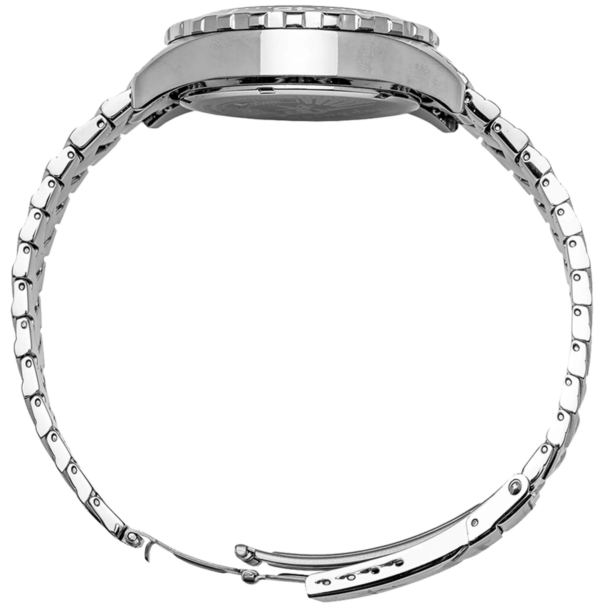 Marina Women's Dive Watch with Titanium Bracelet Fully Opened – Side Profile Showing Polished Case and Bezel Design