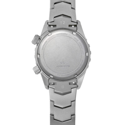 Case Back of Marina Women's Dive Watch in Titanium Showing Screw-Down Back, Dual Crowns, and Bracelet Link Detail