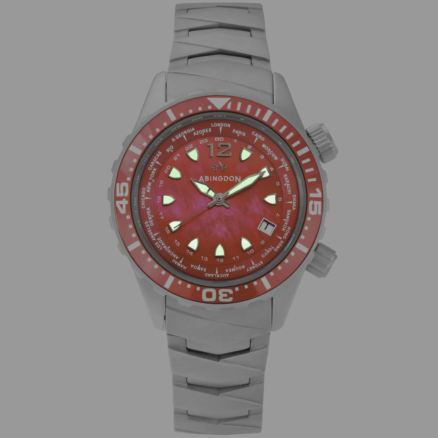 Marina Women's Dive Watch with Reef Red Mother-of-Pearl Dial Glowing in Low Light – Super-LumiNova Hands and Markers Illuminated