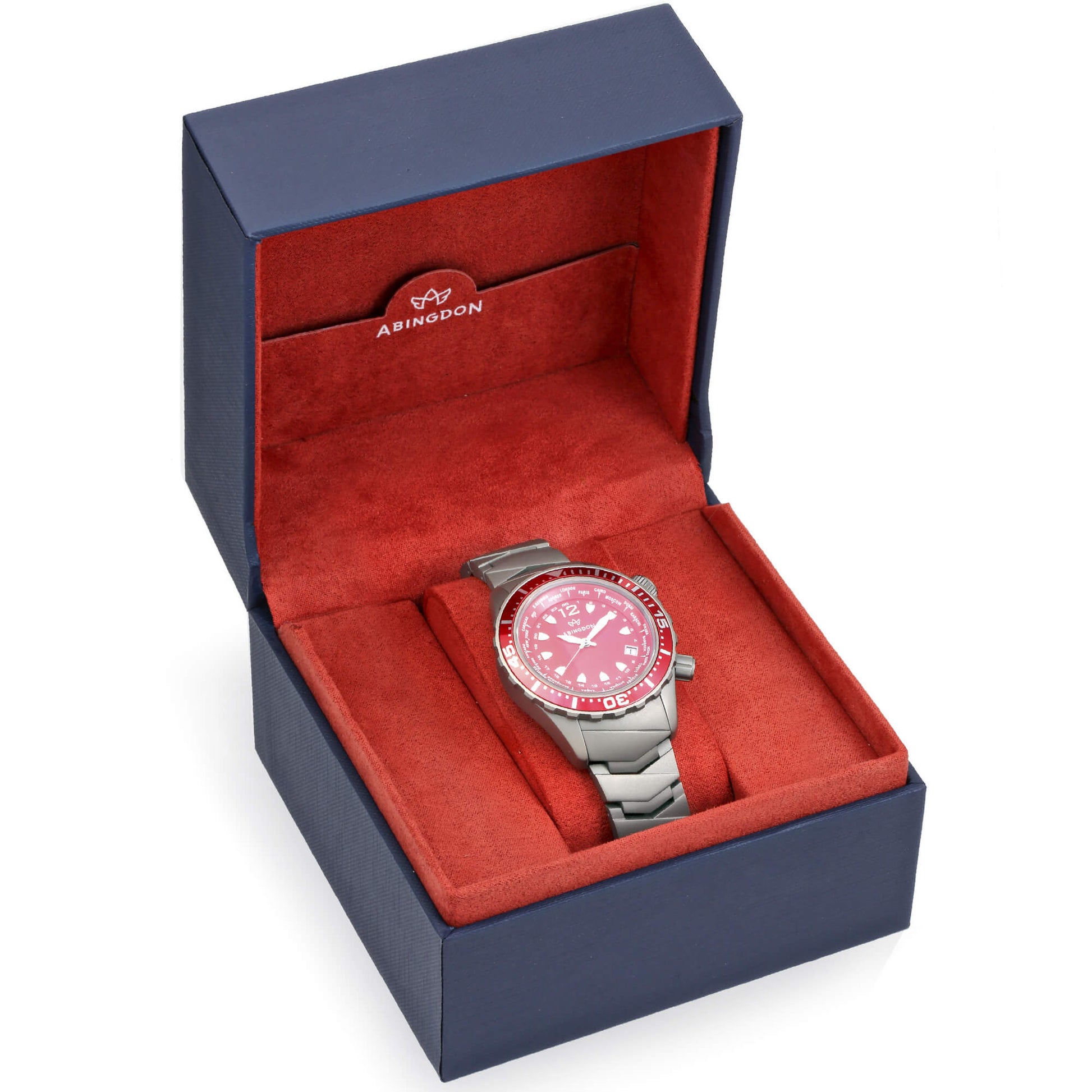 Marina Women's Dive Watch with Reef Red Dial in Abingdon Presentation Box – Titanium Bracelet and Gift Packaging Displayed