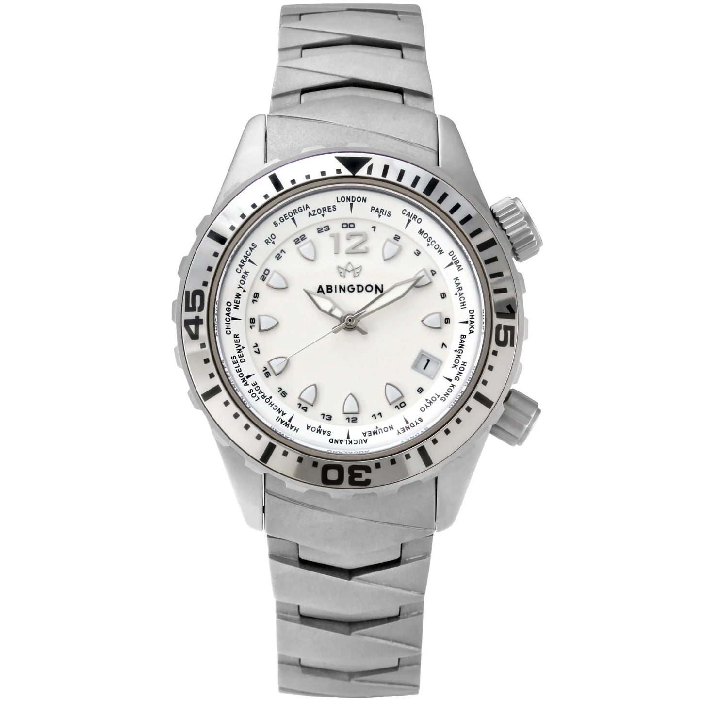 Marina Women's Dive Watch with White Yacht Luminous Dial, Sandblasted Titanium Case and Bracelet, 660ft Water Resistance, and World Timer Bezel