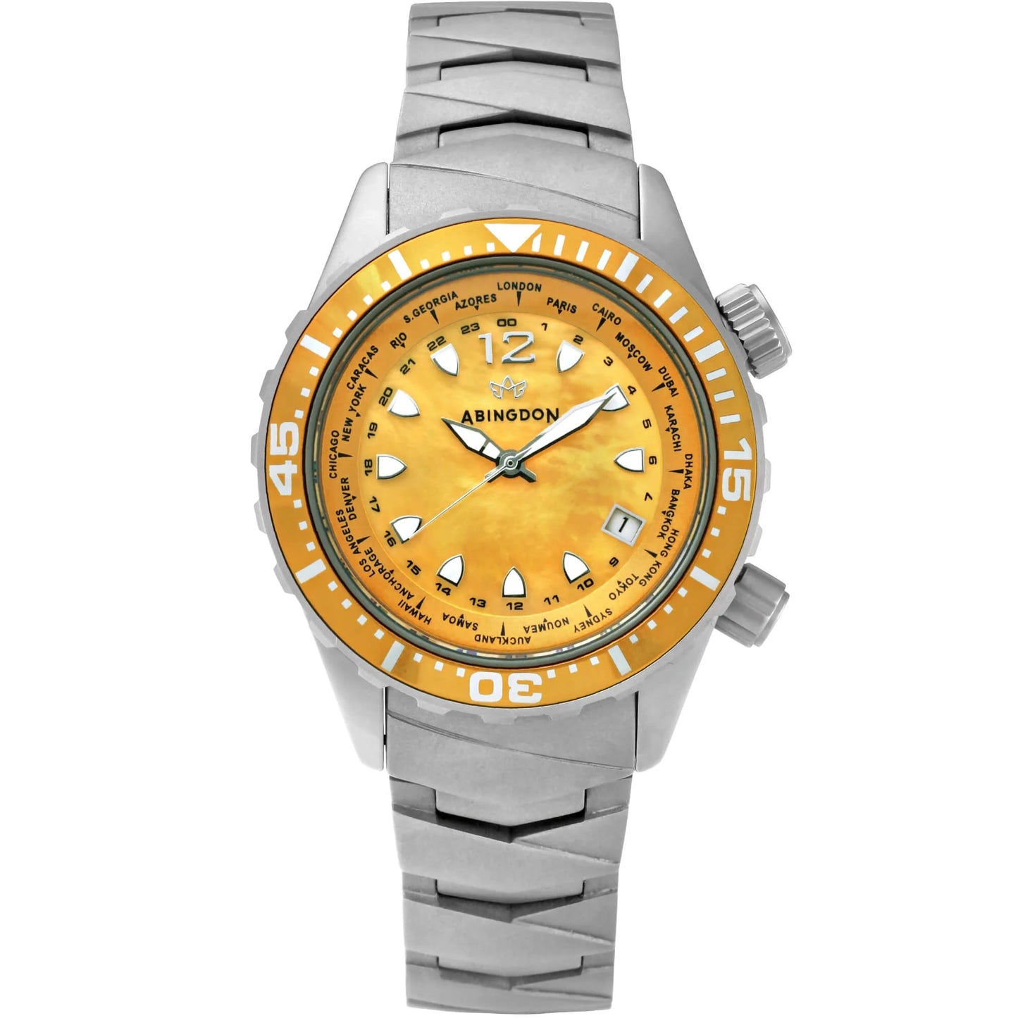 Marina Women's Dive Watch with Yellow Snapper Mother-of-Pearl Dial, Sandblasted Titanium Case and Bracelet, 660ft Water Resistance, and World Timer Bezel