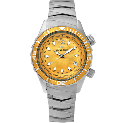 Marina Women's Dive Watch with Yellow Snapper Mother-of-Pearl Dial, Sandblasted Titanium Case and Bracelet, 660ft Water Resistance, and World Timer Bezel