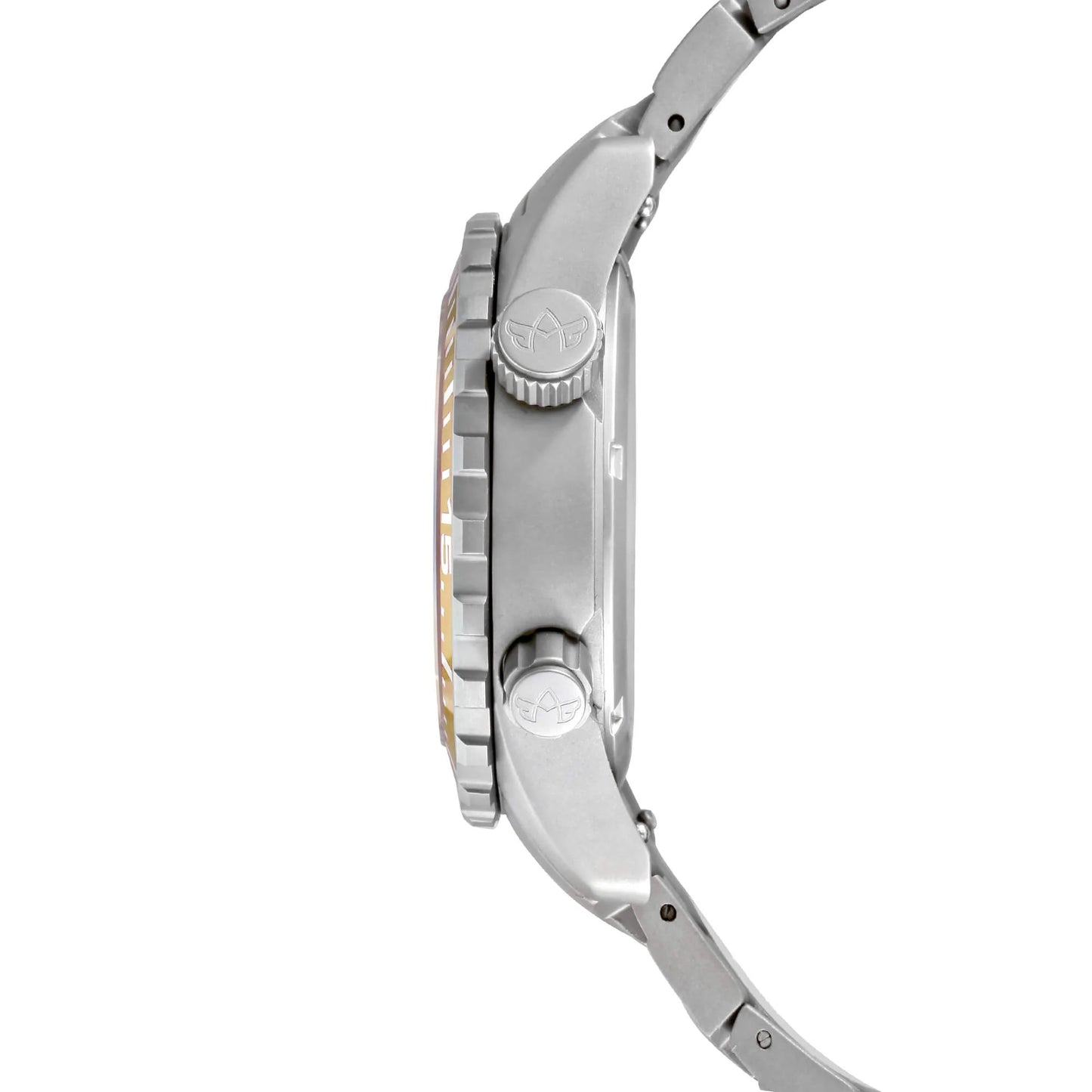 Side View of Marina Women's Dive Watch in Yellow Snapper with Sandblasted Titanium Case and Dual Crowns