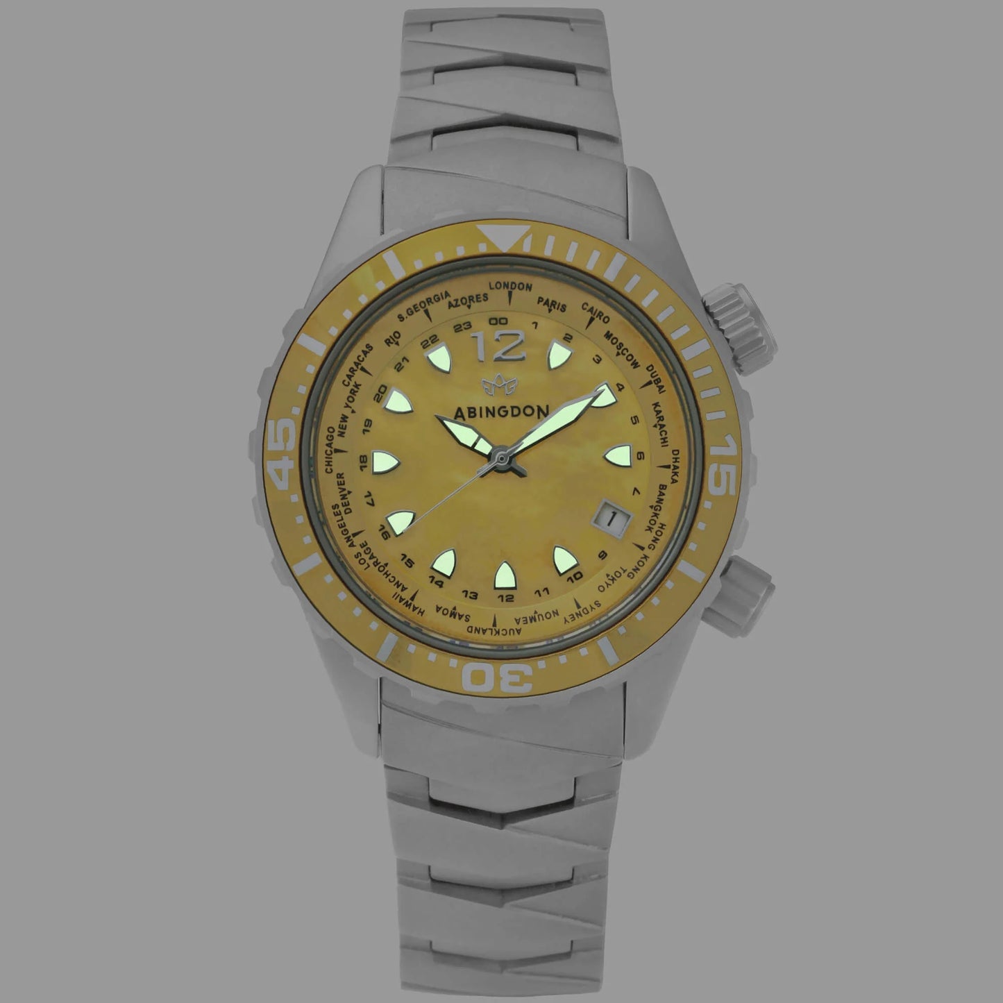 Marina Women's Dive Watch with Yellow Snapper Dial Illuminated in Low Light – Super-LumiNova Hands and Markers Glowing