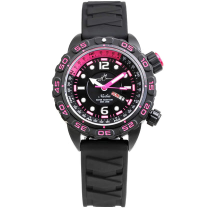 Nadia Abyss Women's Automatic Dive Watch with 35mm Black Stainless Steel Case, Black Silicone Strap, Pink Compass Bezel, and Day-Date Display