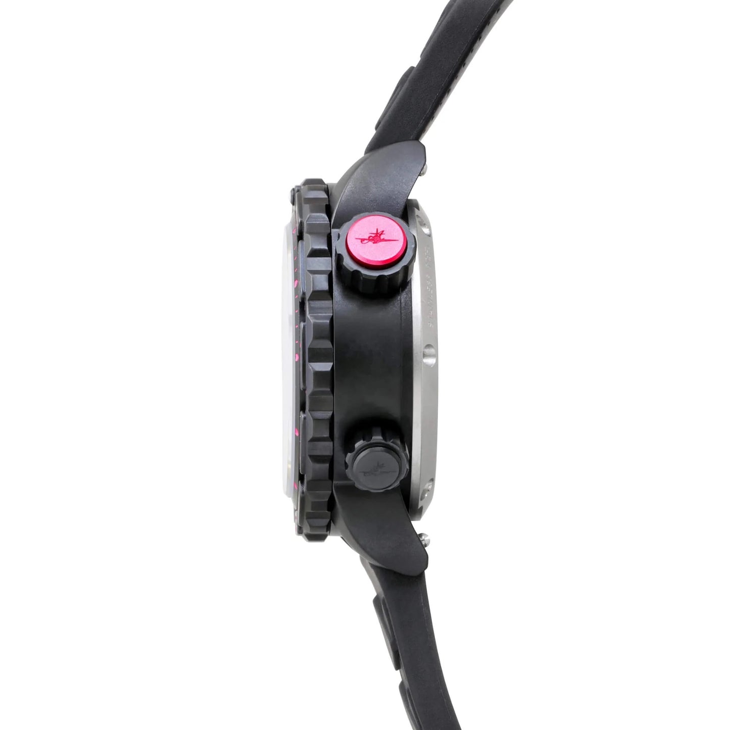 Side Profile of Nadia Abyss Automatic Dive Watch with Black Stainless Steel Case, Pink Accent Crown, and Textured Bezel