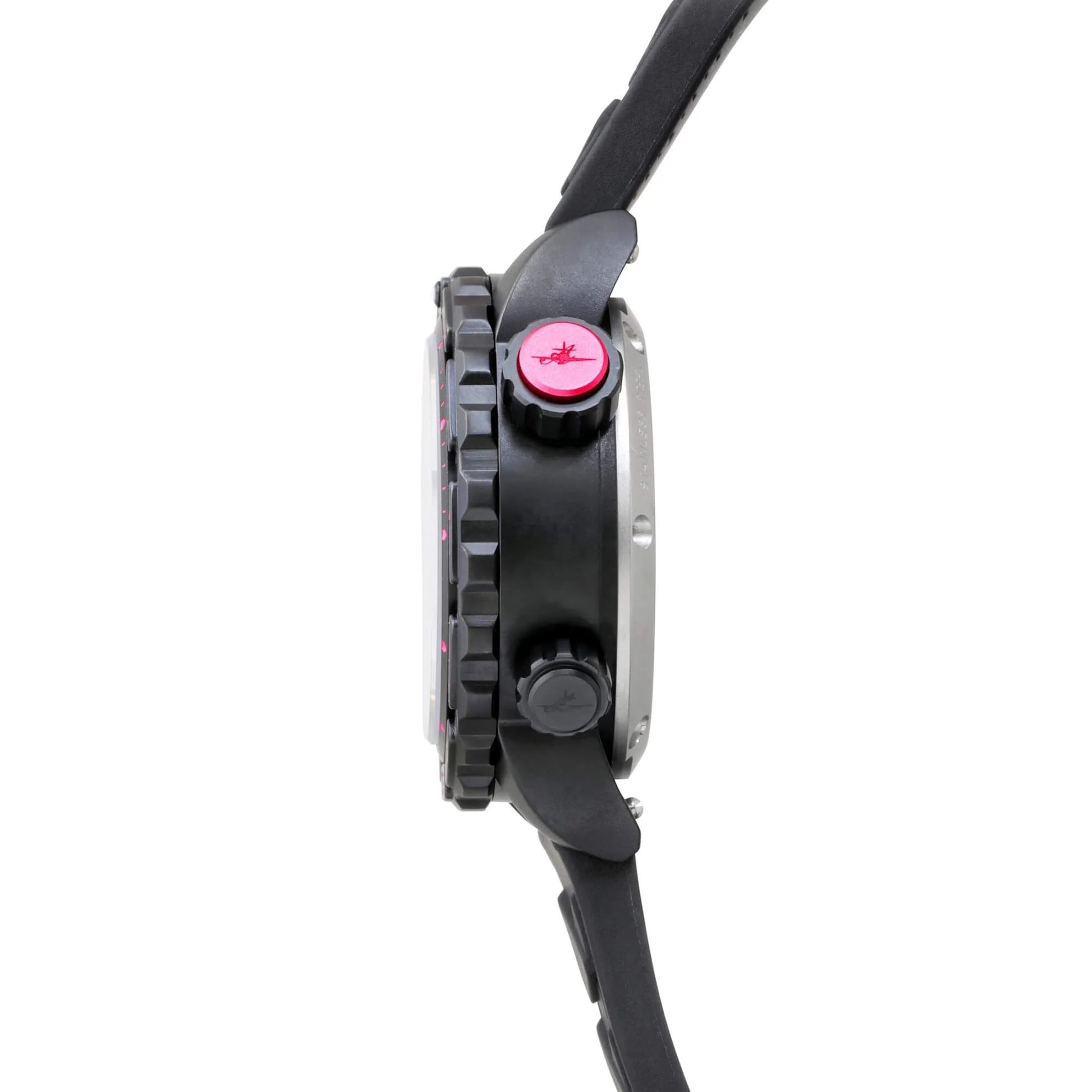Side Profile of Nadia Abyss Automatic Dive Watch with Black Stainless Steel Case, Pink Accent Crown, and Textured Bezel