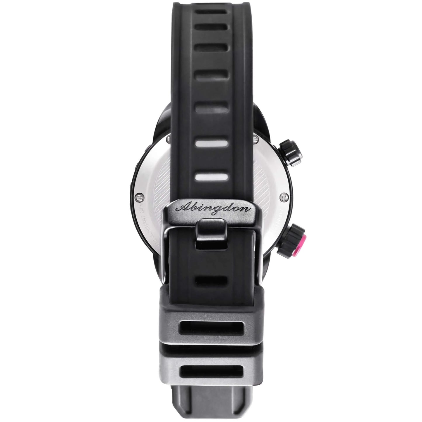 Back View of Nadia Abyss Automatic Dive Watch Showing Black Silicone Strap, Stainless Steel Buckle with Abingdon Logo, and Dual Crowns