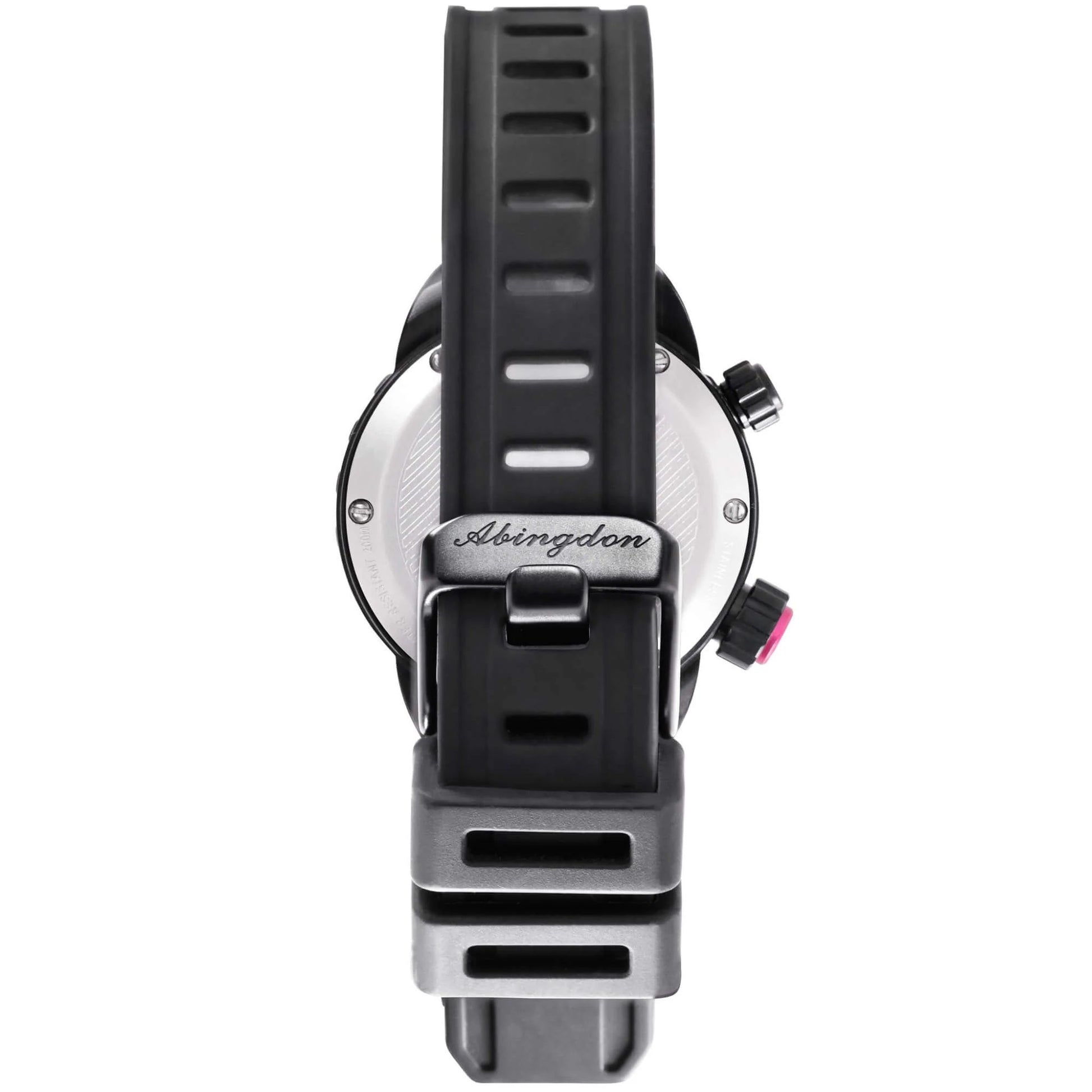 Back View of Nadia Abyss Automatic Dive Watch Showing Black Silicone Strap, Stainless Steel Buckle with Abingdon Logo, and Dual Crowns