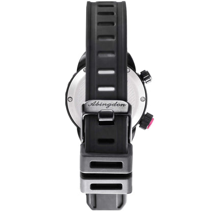 Back View of Nadia Abyss Automatic Dive Watch Showing Black Silicone Strap, Stainless Steel Buckle with Abingdon Logo, and Dual Crowns
