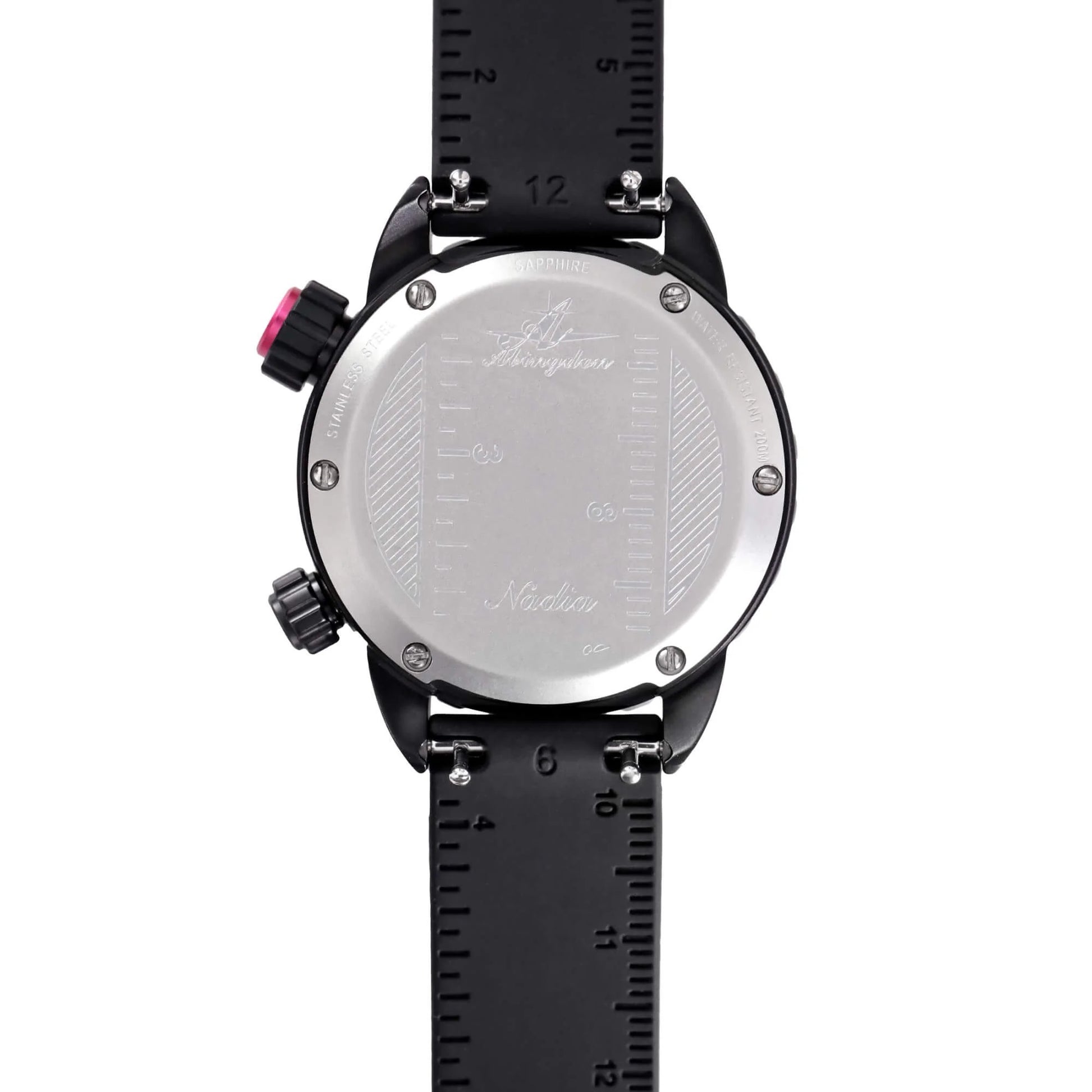 Caseback of Nadia Abyss Automatic Dive Watch Featuring Stainless Steel Back with Ruler Markings and Black Silicone Strap