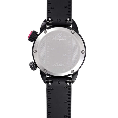 Caseback of Nadia Abyss Automatic Dive Watch Featuring Stainless Steel Back with Ruler Markings and Black Silicone Strap