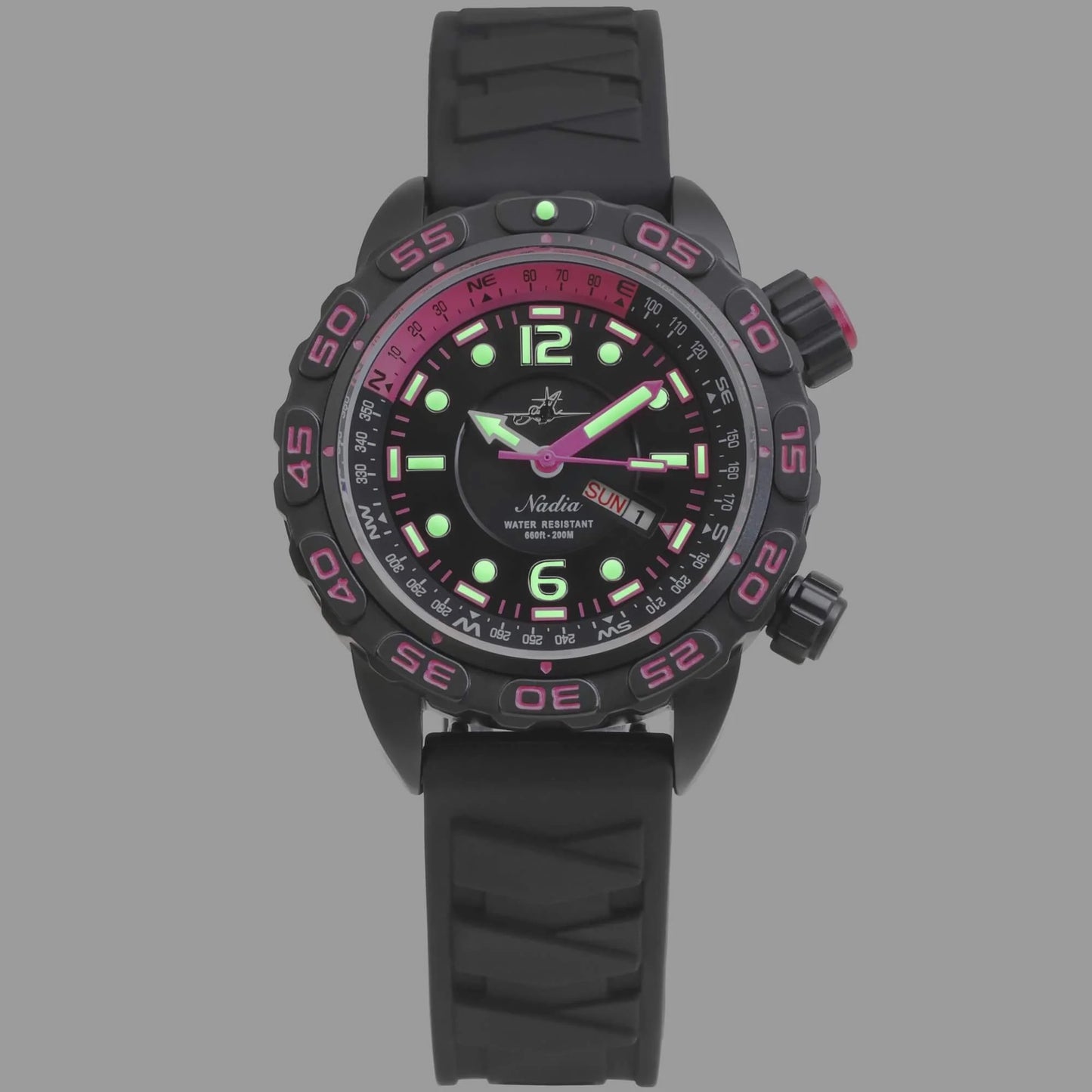 Nadia Abyss Automatic Dive Watch with Black Silicone Strap and Glowing Super‑Luminova Hands and Markers in Low Light