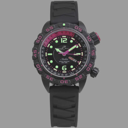 Nadia Abyss Automatic Dive Watch with Black Silicone Strap and Glowing Super‑Luminova Hands and Markers in Low Light