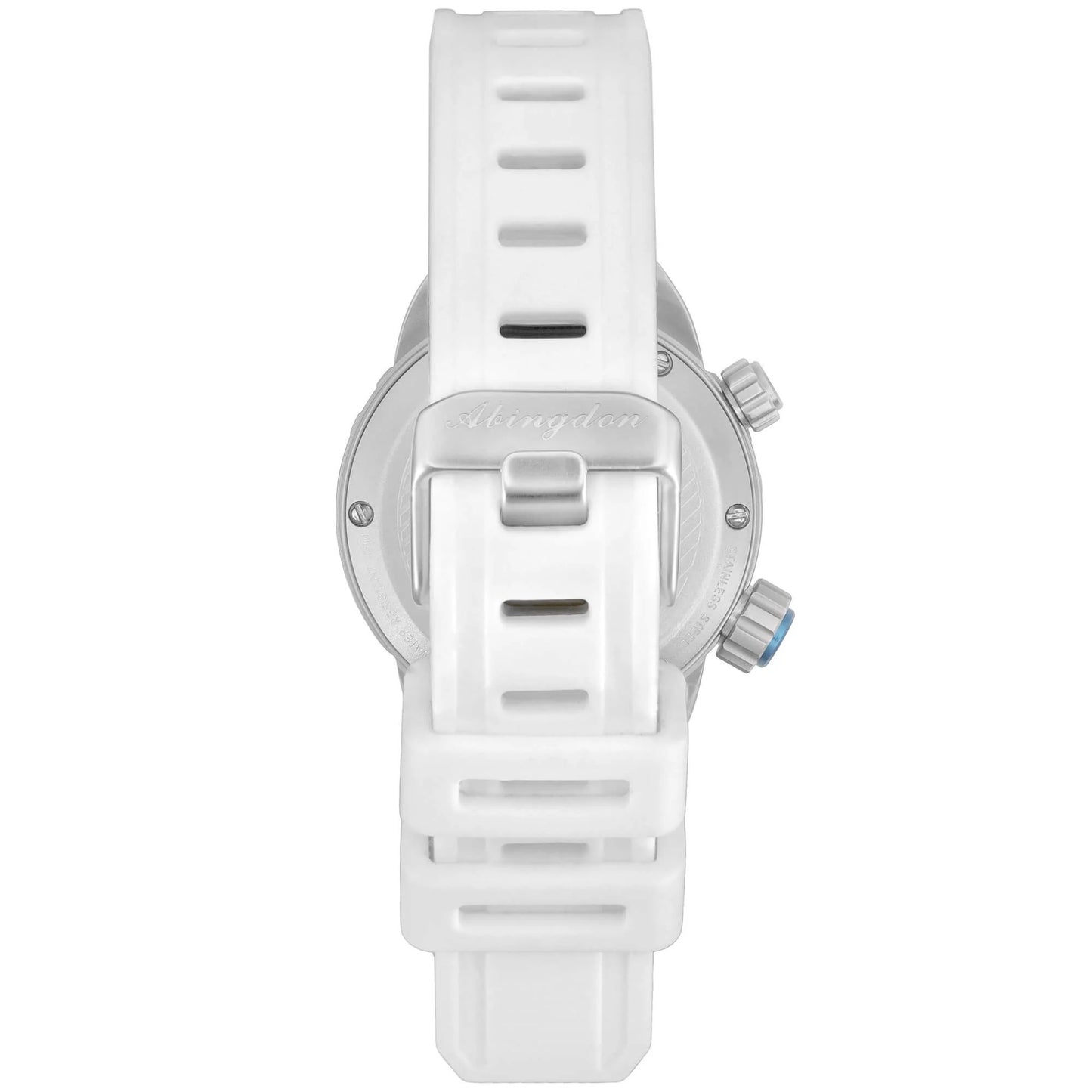 Back View of Nadia Whitewater Automatic Dive Watch Showing White Silicone Strap, Stainless Steel Buckle, and Caseback with Dual Crowns