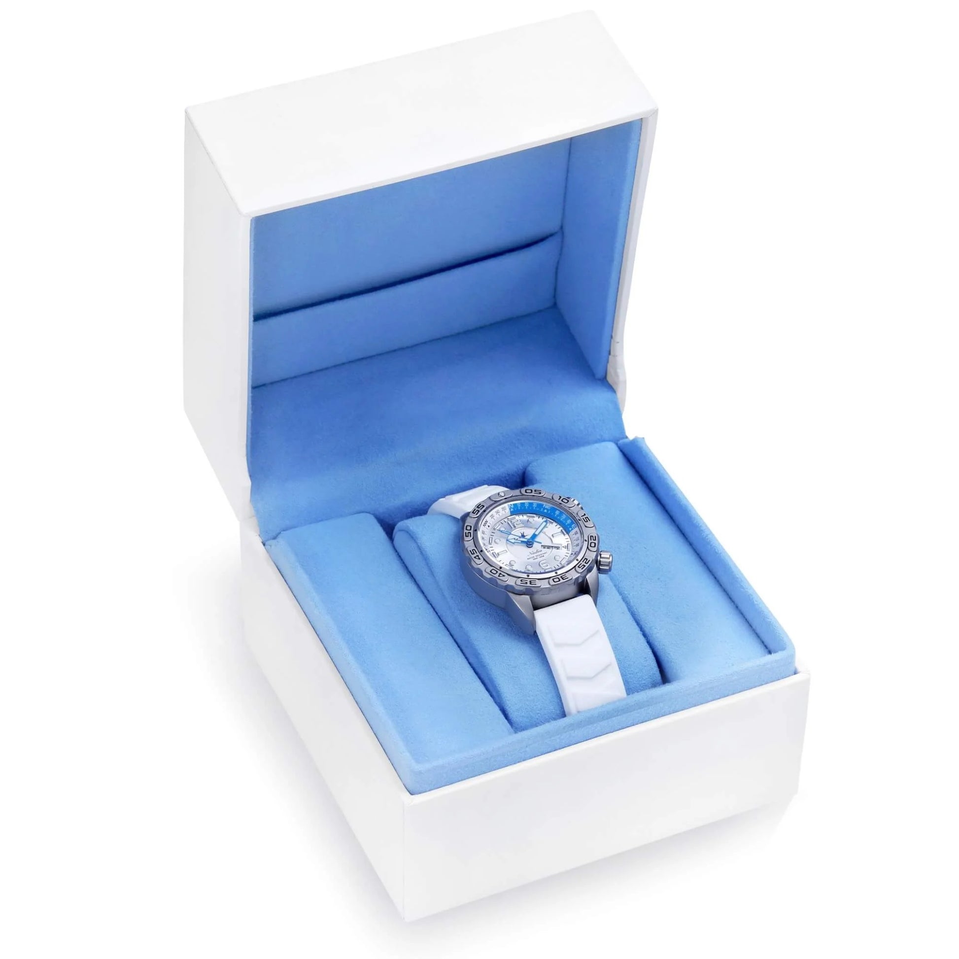Nadia Whitewater Automatic Dive Watch with White Silicone Strap in Blue Velvet-Lined Presentation Box