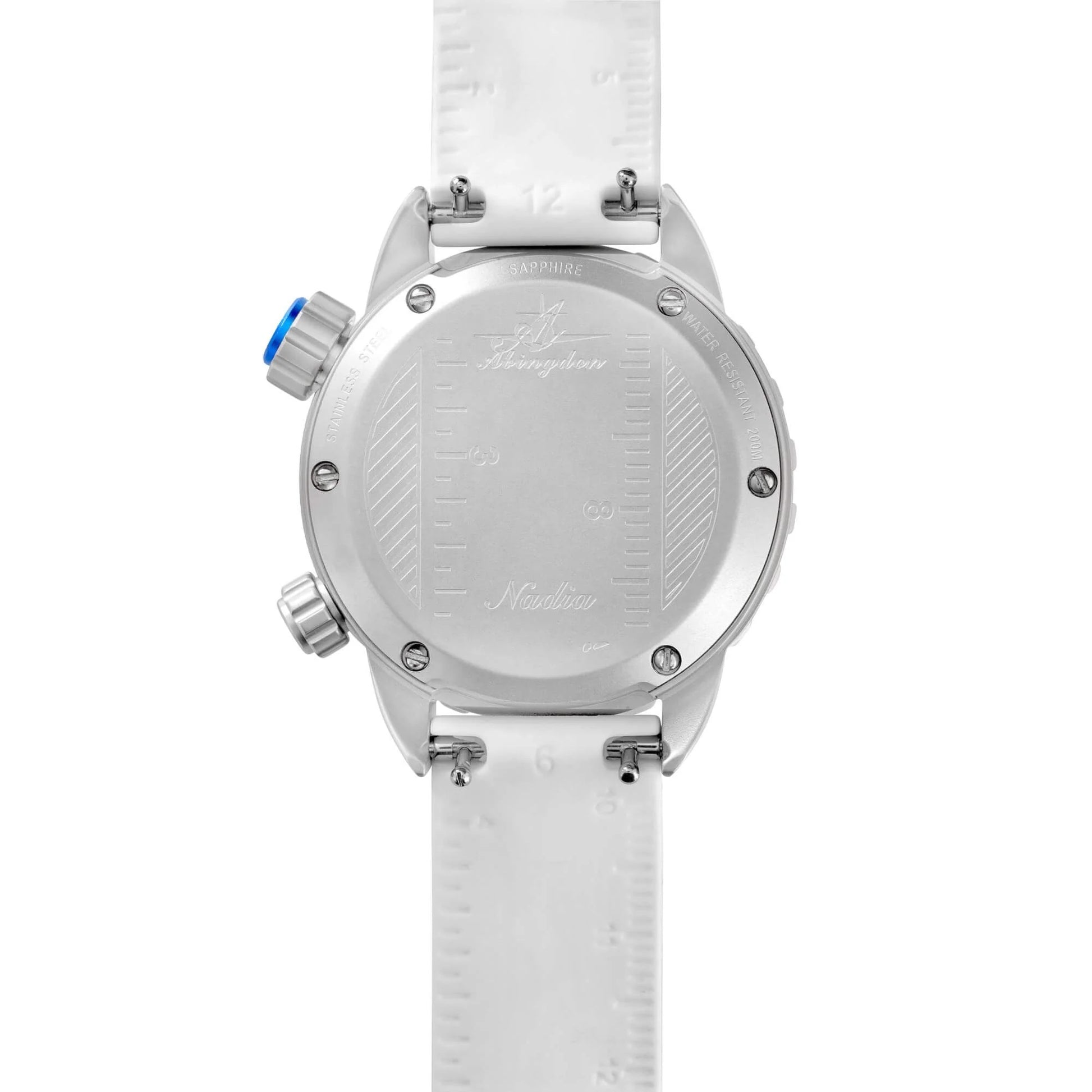 Caseback of Nadia Whitewater Automatic Dive Watch Featuring Stainless Steel Back with Etched Ruler Markings and White Silicone Strap