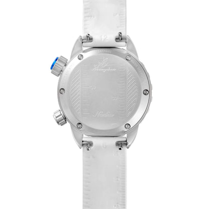 Caseback of Nadia Whitewater Automatic Dive Watch Featuring Stainless Steel Back with Etched Ruler Markings and White Silicone Strap