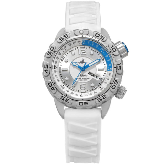 Nadia Whitewater Women's Automatic Dive Watch with 35mm Stainless Steel Case, White Silicone Strap, Compass Bezel, and Blue Hands